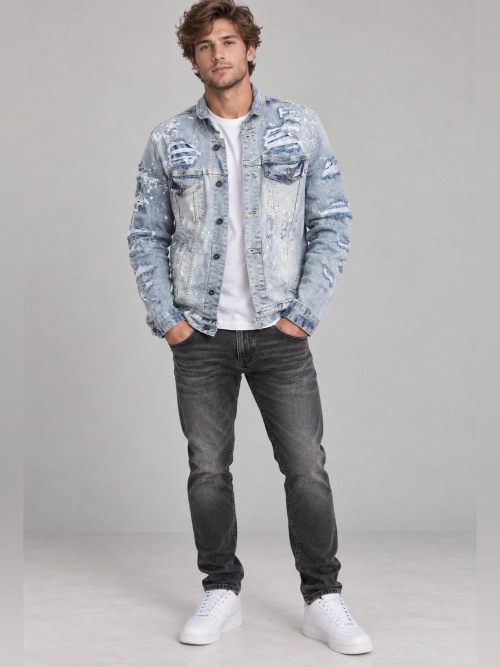NWOT Buckle Smoke Rise Menโs Denim Stretch Distressed Jacket